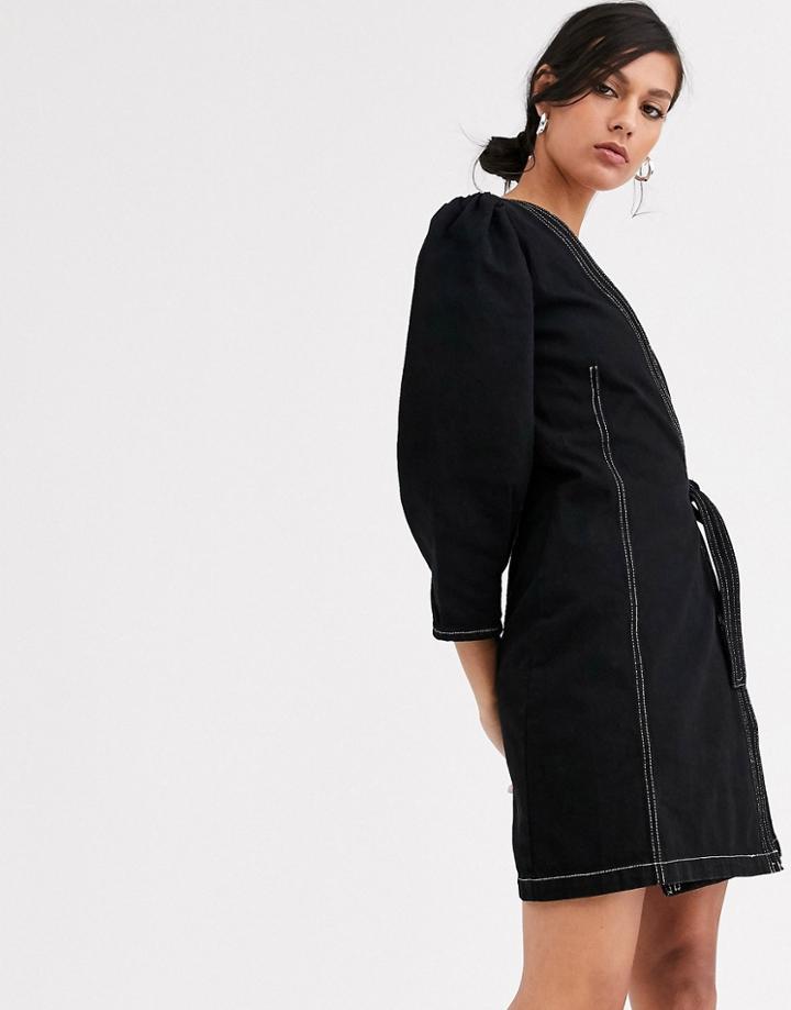 Monki Mini Denim Wrap Dress In Black