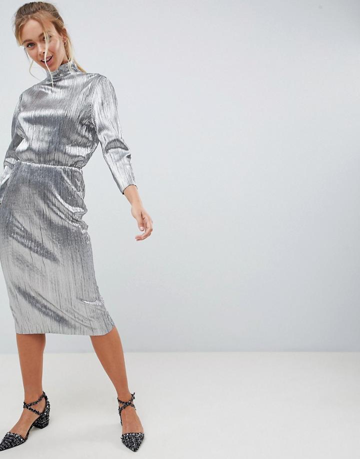 First & I Silver Plisse High Neck Dress - Silver