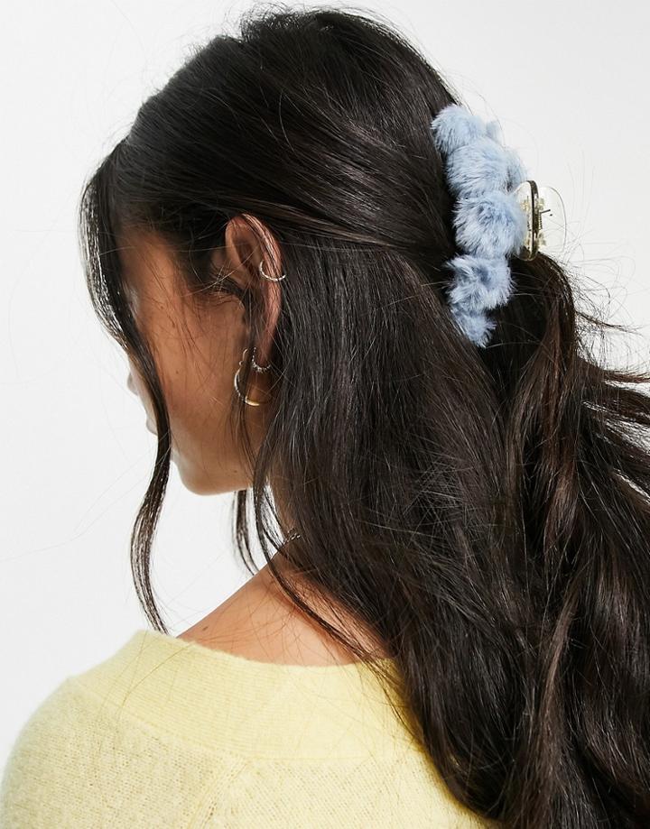 Asos Design Fur Pom Pom Hair Claw In Blue-blues