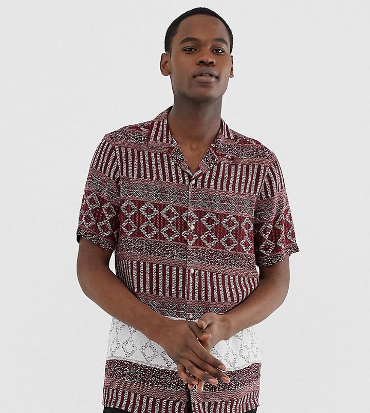 Asos Design Tall Regular Fit Geo-tribal Printed Viscose Shirt With Revere Collar - Red