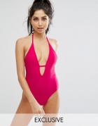 Missguided Plunge Neck Swimsuit - Pink
