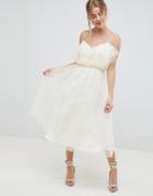 Asos Design Midi Dobby Tulle Prom Dress With Ruffle Bodice - White