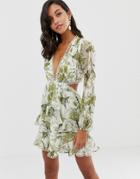 Asos Design Long Sleeve Mini Dress In Floral Print With Cluster Embellishment Detail And Circle Trims - Multi