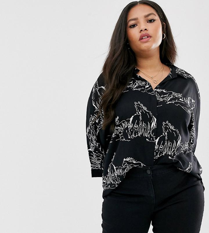 Asos Design Curve Long Sleeve Oversized Shirt In Abstract Horse Print-multi