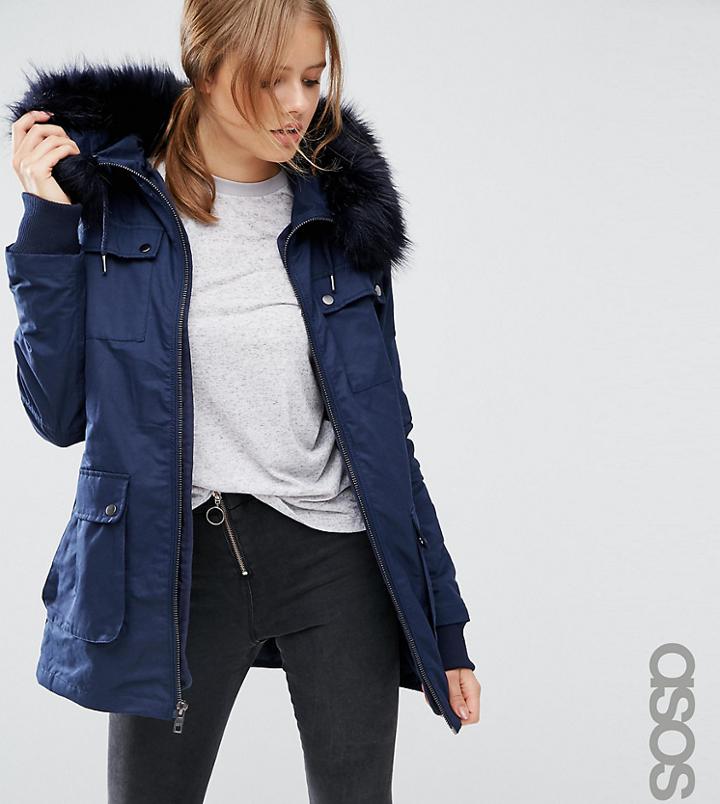 Asos Tall Parka With Quilted Lining And Faux Fur Trim - Blue