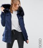 Asos Tall Parka With Quilted Lining And Faux Fur Trim - Blue