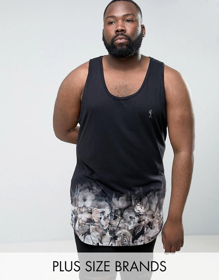 Religion Plus Tank With Floral Skull Dip Dye Printed Hem - Black