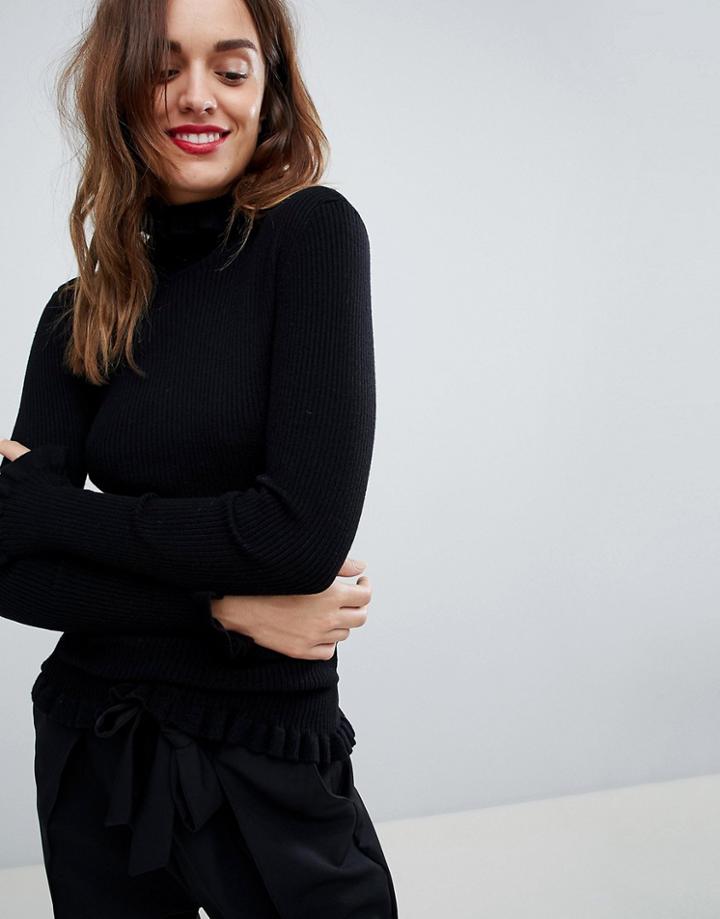 Y.a.s Oda Frill Neck And Sleeve Sweater - Black