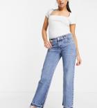 Asos Design Petite Organic Cotton Blend '90s' Straight Leg Jean In Midwash With Crystal Hotfix-blues
