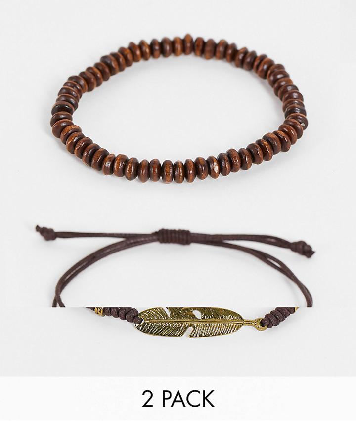 Asos Design 2 Pack Beaded Bracelet In Brown With Feather-black