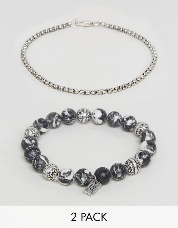 Icon Brand Marbled Beaded & Silver Chain Bracelets In 2 Pack - Gray