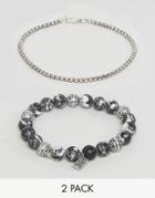 Icon Brand Marbled Beaded & Silver Chain Bracelets In 2 Pack - Gray