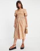 Y.a.s Organic Cotton Puff Sleeve Midi Dress In Beige Floral-multi