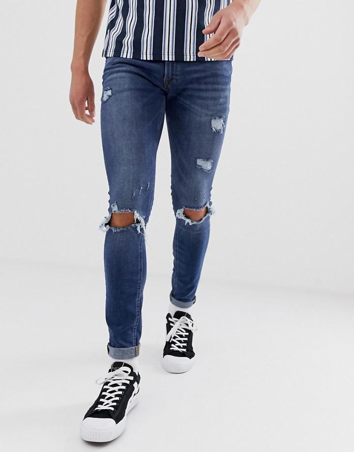 Jack & Jones Intelligence Spray On Skinny Jeans With Rip Detail In Mid Blue-black