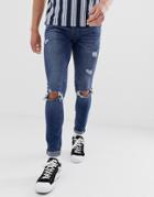 Jack & Jones Intelligence Spray On Skinny Jeans With Rip Detail In Mid Blue-black