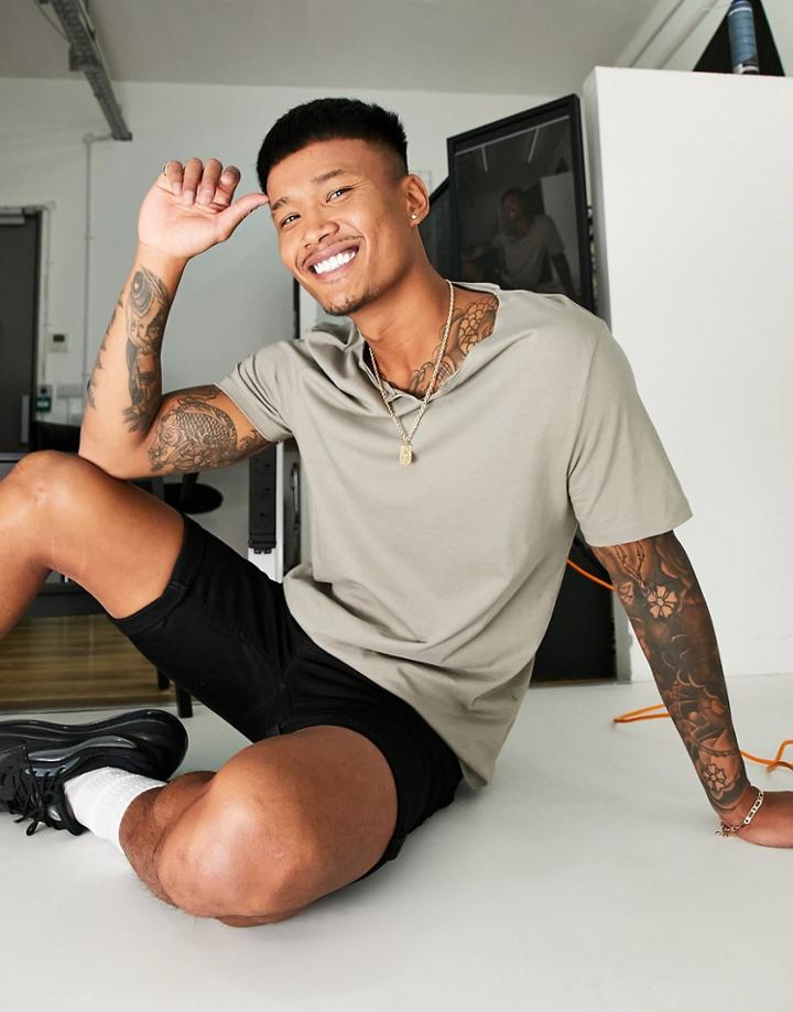 Asos Design Organic T-shirt With Notch Neck In Beige-neutral