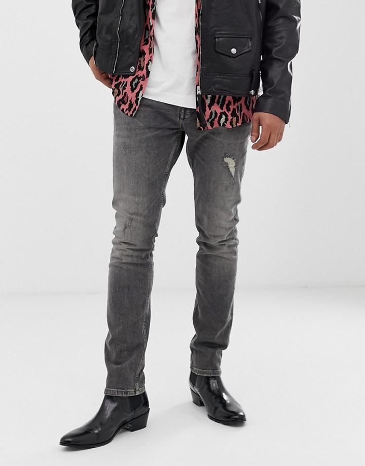 Allsaints Cigarette Fit Jeans With Distressing In Washed Black - Black