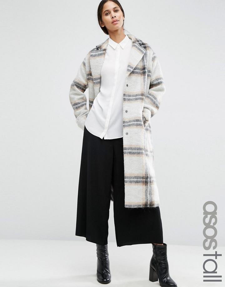 Asos Tall Wool Blend Coat In Edge To Edge Check With Roll Back Cuff - Multi