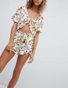 Pull & Bear Coord Printed Tie Detail Shirt In White Floral - White