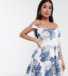 Chi Chi London Petite Off Shoulder Mini Prom Dress In Blue Print-multi