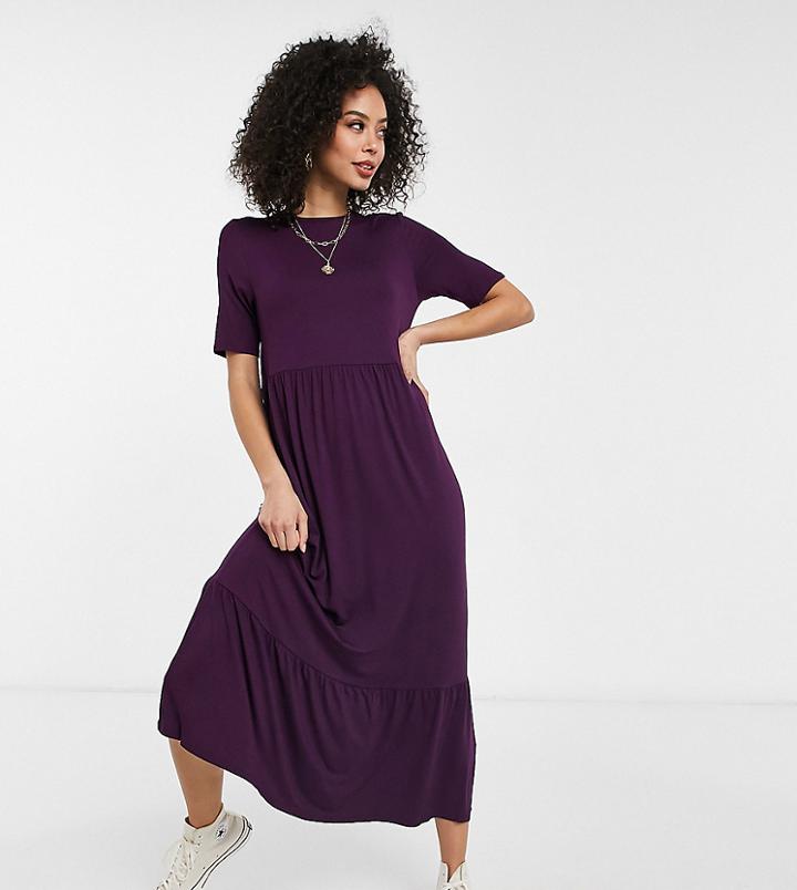 Asos Design Tall Tiered Smock T-shirt Midi Dress In Dark Purple
