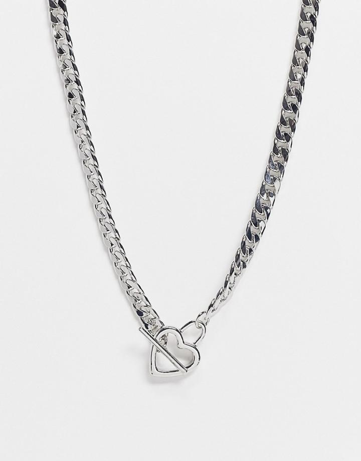 Asos Design Short Necklace In Curb Chain With Heart T Bar In Silver Tone