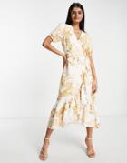 Ever New Puff Sleeve Wrap Midi Dress In Ivory And Gold Floral-white