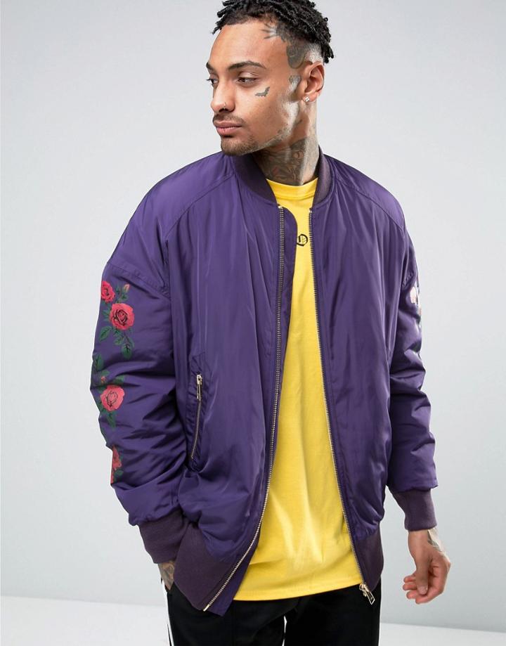 Asos Oversized Bomber Jacket With Rose Print In Purple - Purple