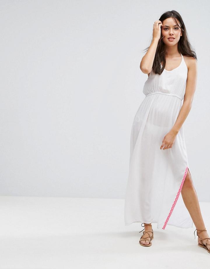 Liquorish Split Side Beach Dress With Neon Pink Trim - White