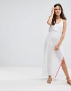 Liquorish Split Side Beach Dress With Neon Pink Trim - White