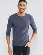 Asos Rib Extreme Muscle 3/4 Sleeve T-shirt In Navy Marl - Navy Marl