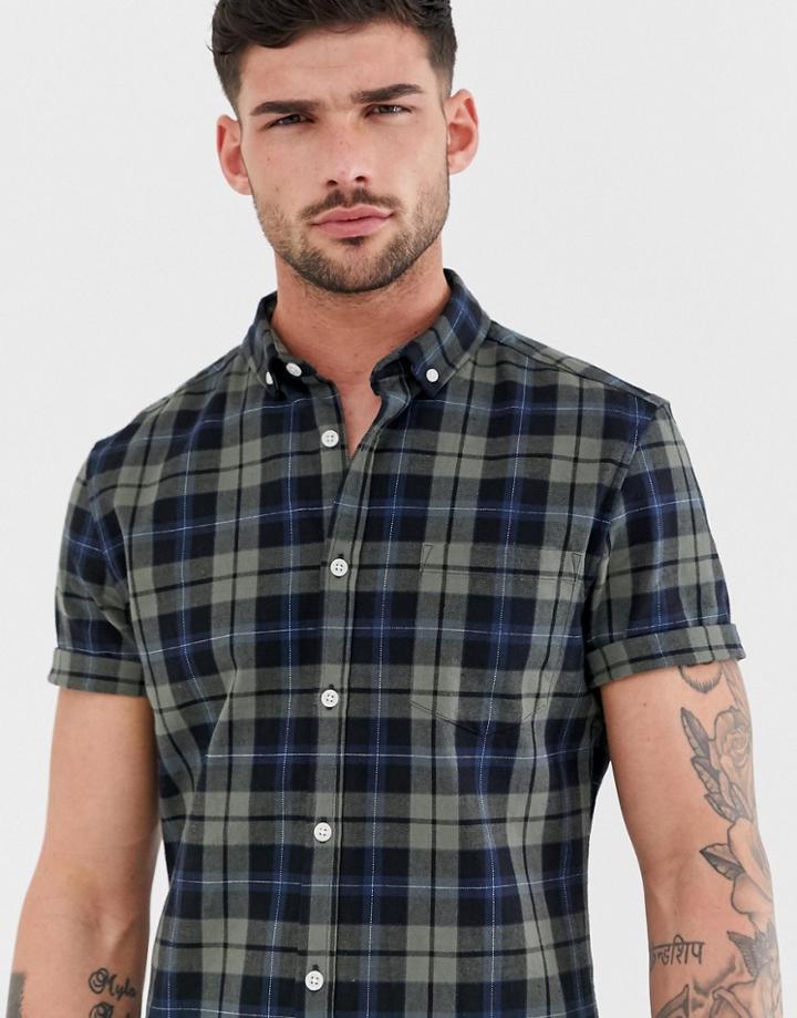 Asos Design Skinny Fit Check Shirt In Khaki - Green