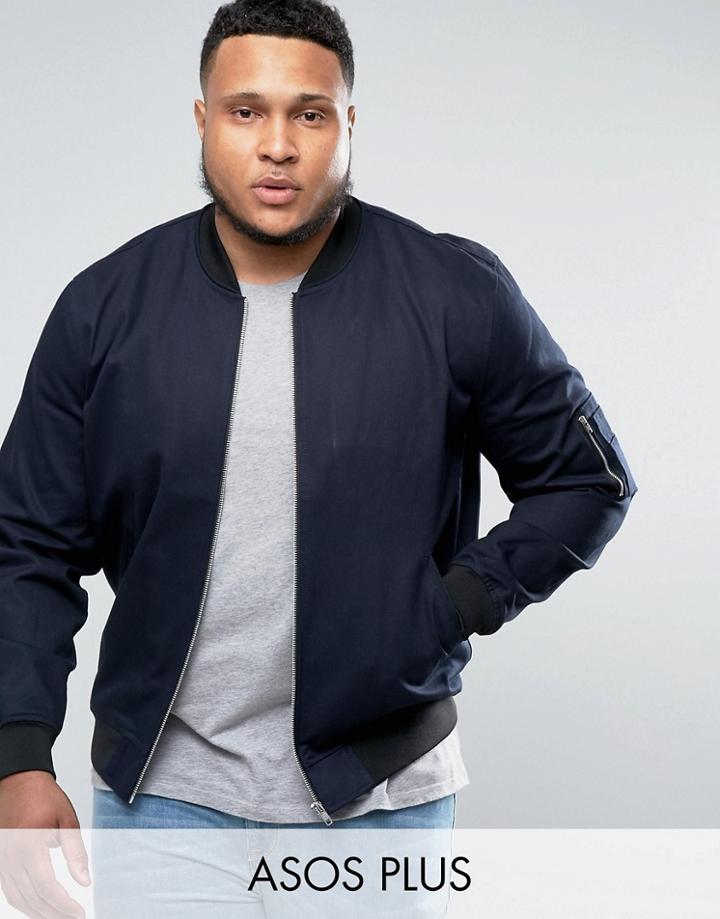 Asos Plus Bomber Jacket With Sleeve Zip In Navy - Navy