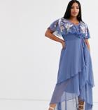 Asos Design Curve Cape Back Dipped Hem Maxi Dress In Embroidery