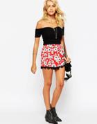 Asos Woven Shorts In Red Poppy Print With Lace Hem - Multi