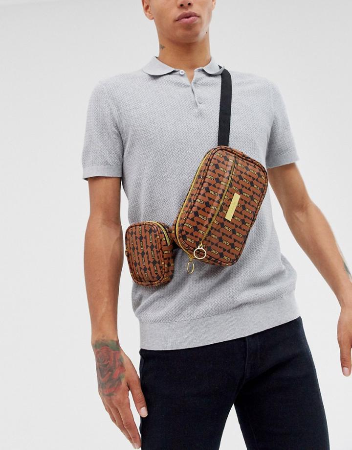 Asos Design Faux Leather Cross Body Flight Bag In Unlimited Print With Multi Pockets - Tan