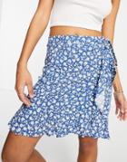 New Look Ruffle Wrap Mini Skirt In Blue Ditsy-blues