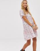 En Creme Swing Mini Dress With Tie Back In Tile Print-pink