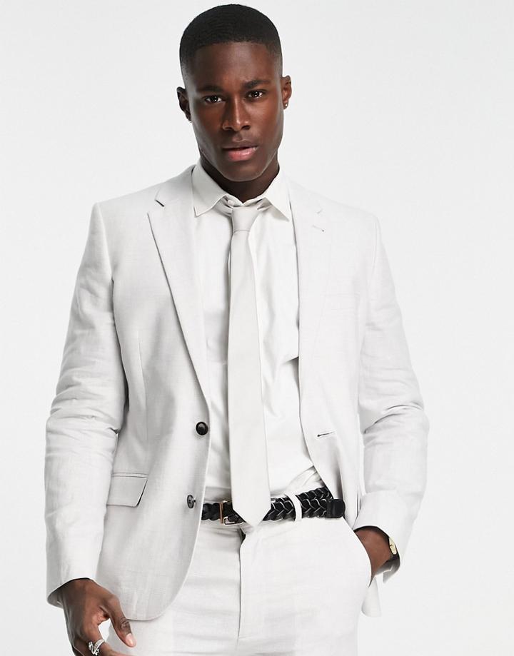 Asos Design Wedding Linen Mix Super Skinny Suit Jacket With Prince Of Wales Plaid In Gray
