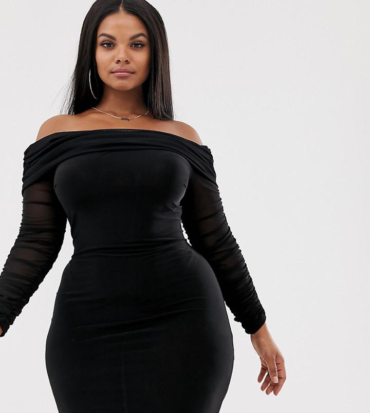 Club L London Plus Off Shoulder Ruched Mini Dress In Black - Black