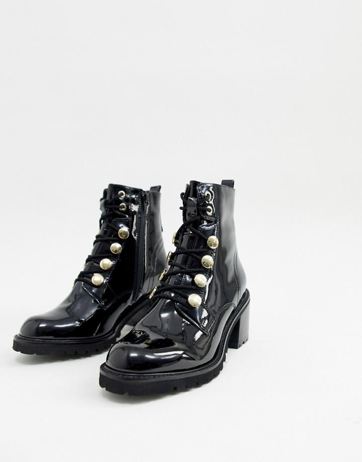 River Island Heeled Patent Military Boots In Black