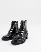 River Island Heeled Patent Military Boots In Black