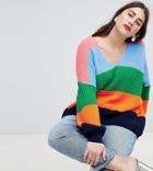 Asos Design Curve Oversized Sweater In Stripe With V Neck - Multi