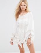Anmol Caftan Beach Poncho With Gold Print And Tassels