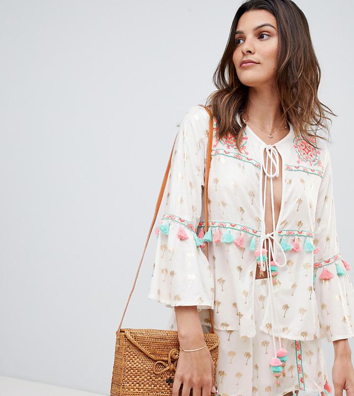 River Island Beach Blouse With Tie Front In Cream - Cream