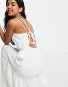 Asos Design V Neck Midi Dress With Lace Up Back In Ivory-white