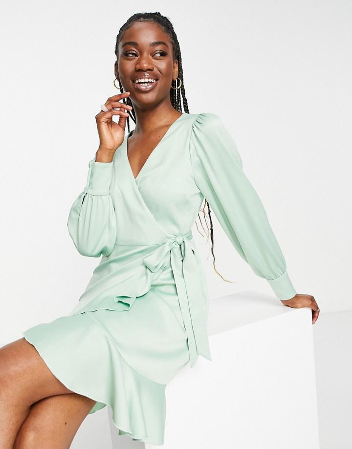 Style Cheat Ruffle Wrap Satin Mini Dress In Sage Green