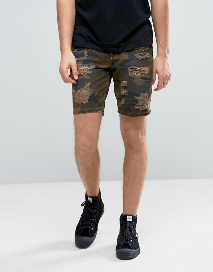 Asos Slim Shorts With Rip And Repair Detail In Camo - Green