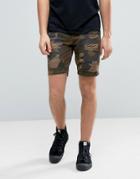 Asos Slim Shorts With Rip And Repair Detail In Camo - Green