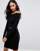 Lipsy Ribbed Bardot Sweater Dress With Button Detail - Black